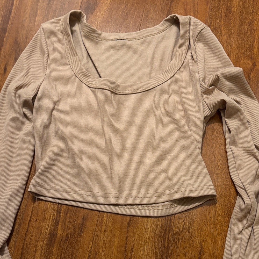 Tan Ribbed Long Sleeve Crop Top